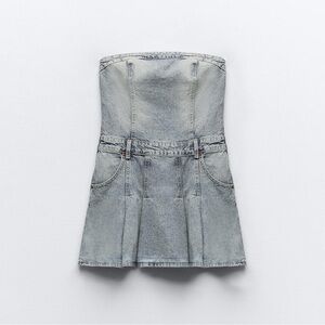 Zara TRF Pleated Strapless Denim Dress M